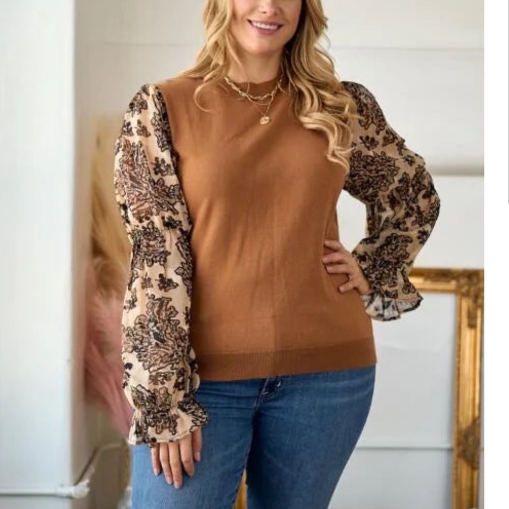 Hailey & Co Sweater with Jacquard Organza Sleeves Brown Black Size Medium